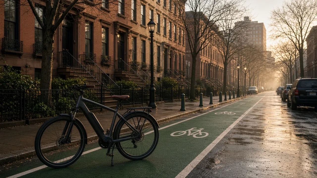 Commuter e-bike in a New York City protected bike lane