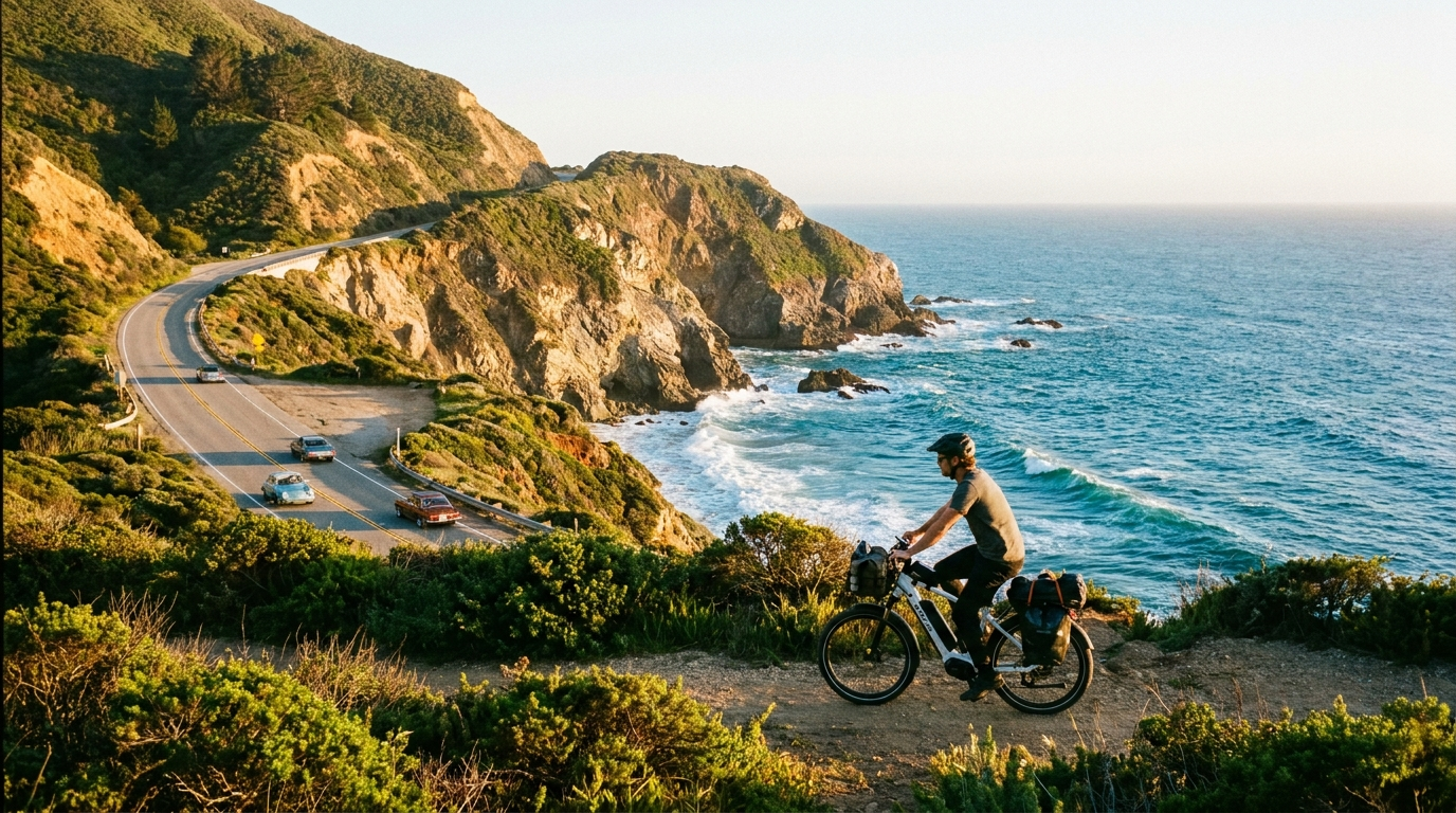 Cyclist on California coastal eBike trail along the Pacific Coast Highway