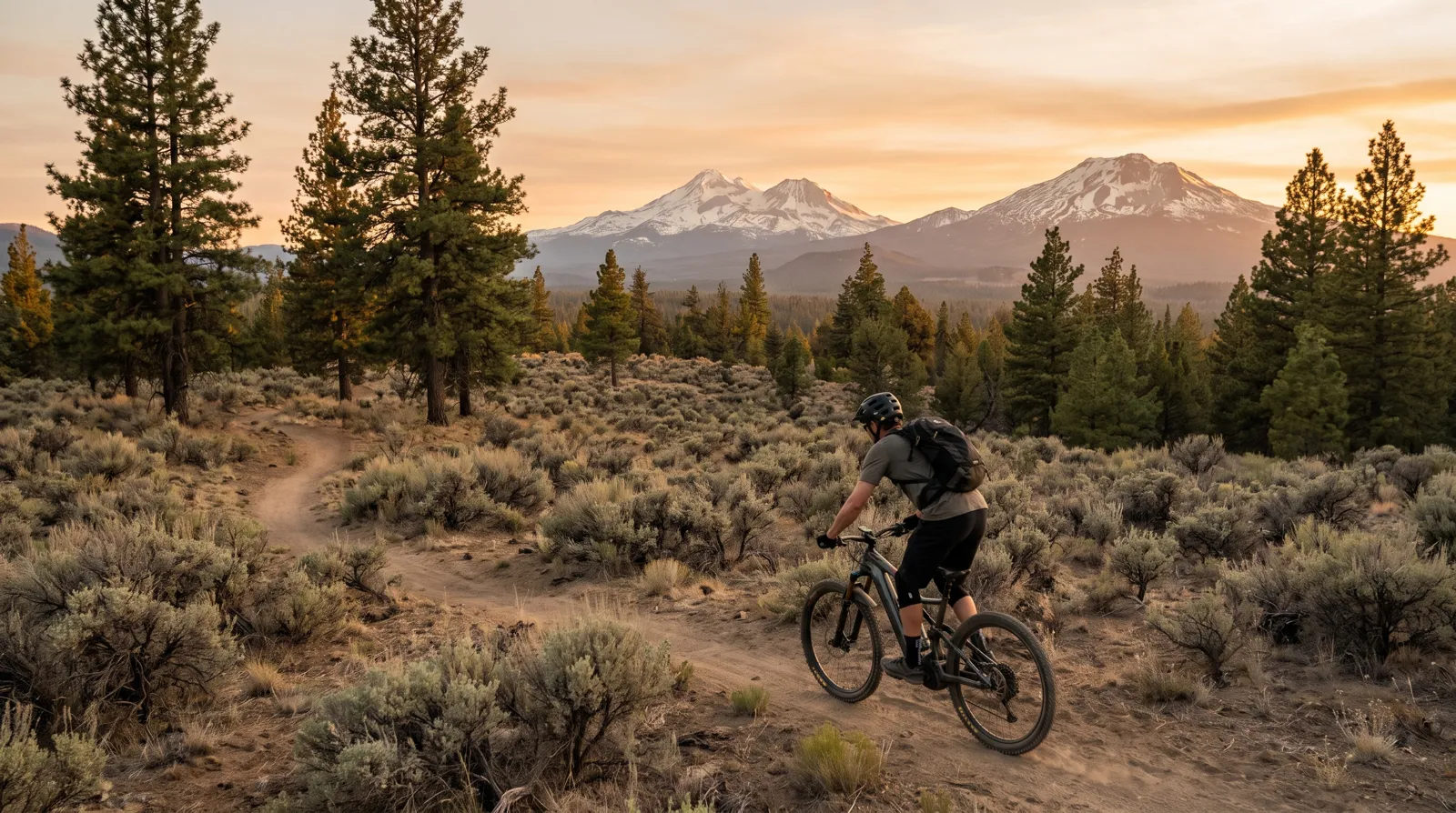 E-bike rider on a high-desert singletrack trail near Bend, Oregon with snow-capped Cascade peaks
