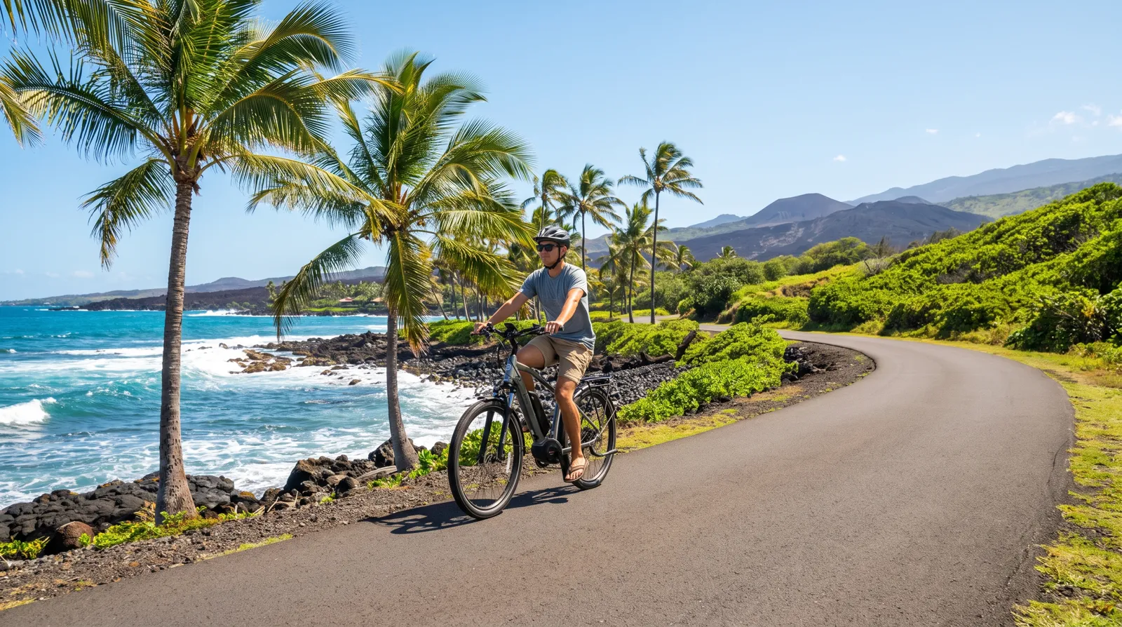 Rider on an e-bike on a paved Hawaii coastal path with palms, turquoise ocean, and volcanic mountains