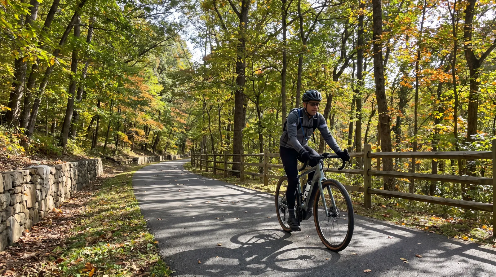 Cyclist riding an e-bike on a paved forest rail-trail through Maryland hardwoods in early autumn