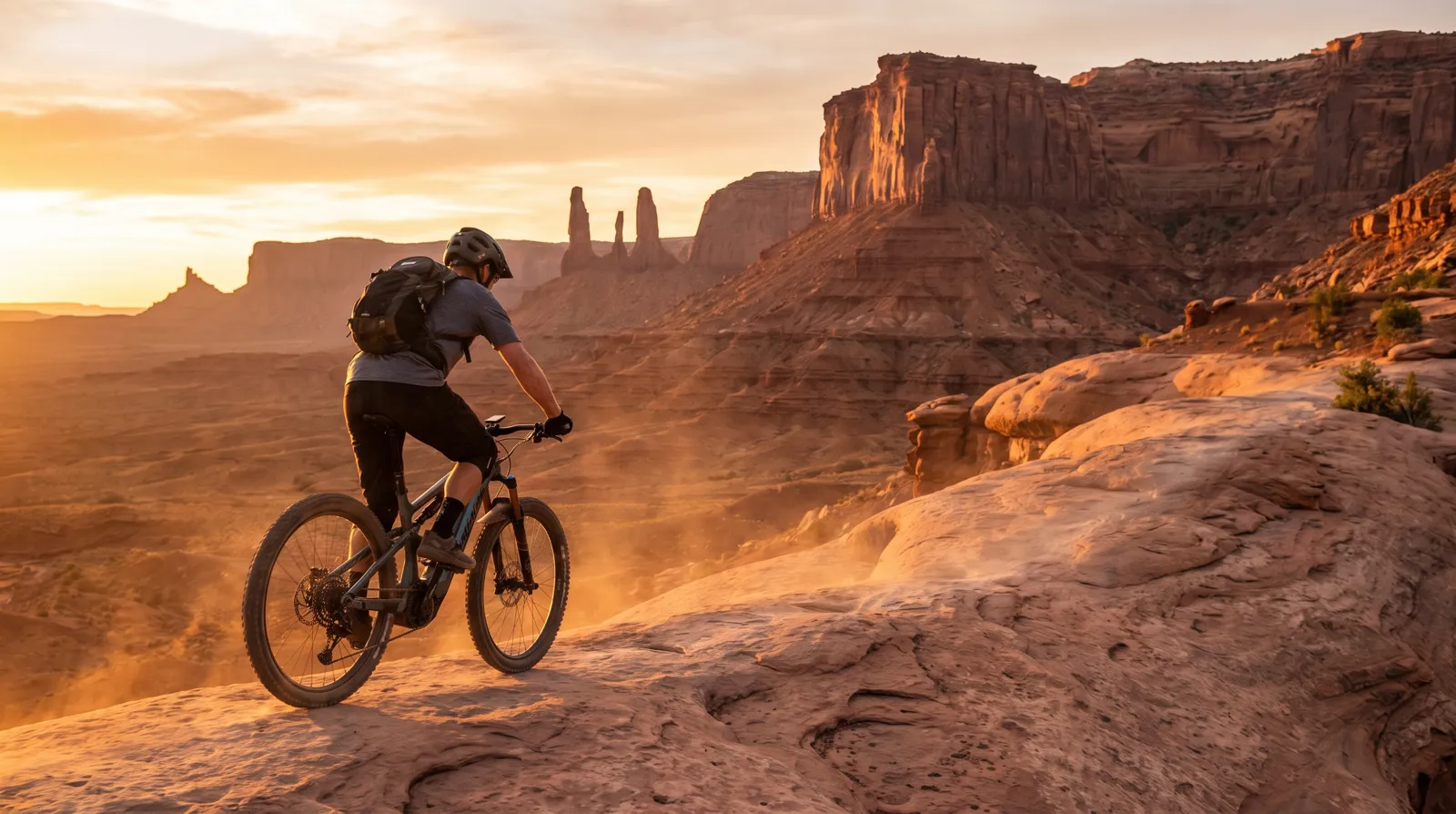 E-bike rider on a red rock slickrock trail in Moab, Utah at sunset