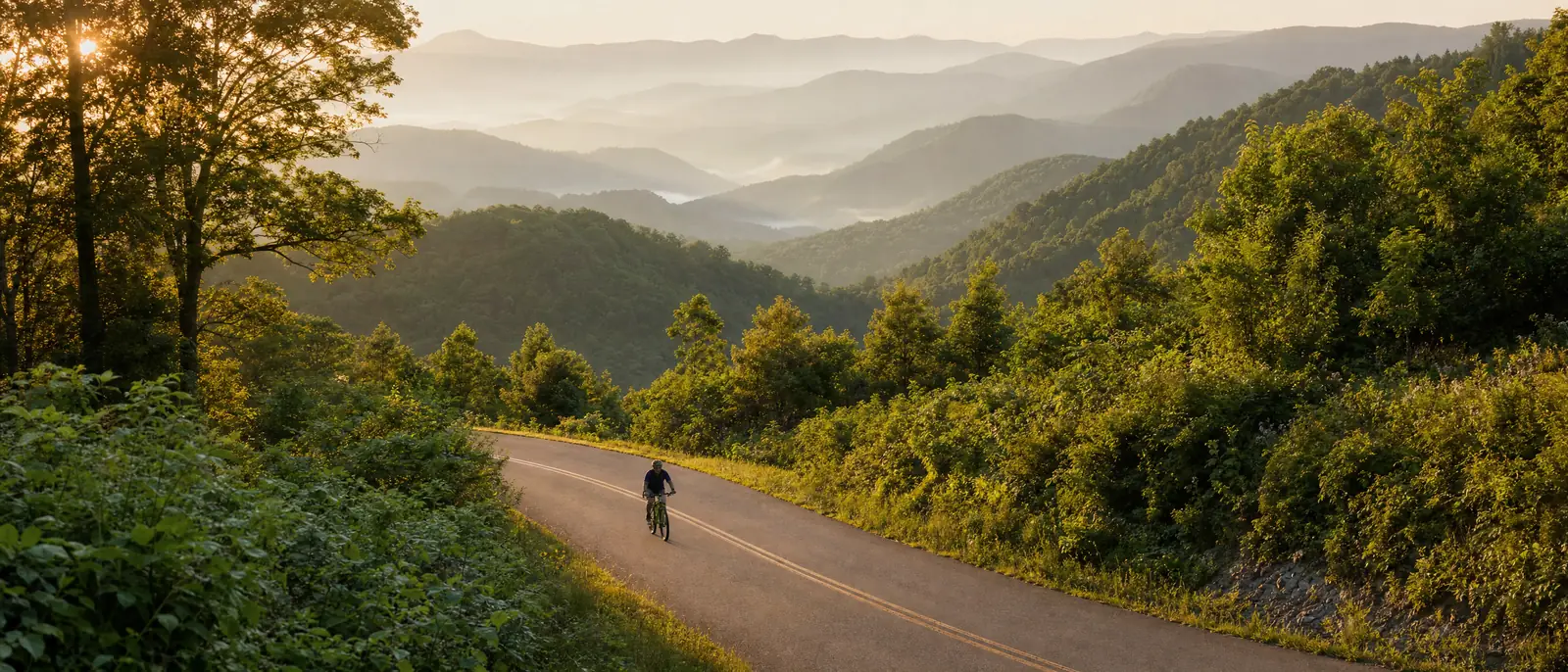 Illustration of an eBike rider on a mountain road through dense Appalachian forest with misty ridges in West Virginia, in the style of the West Virginia mountains, WV
