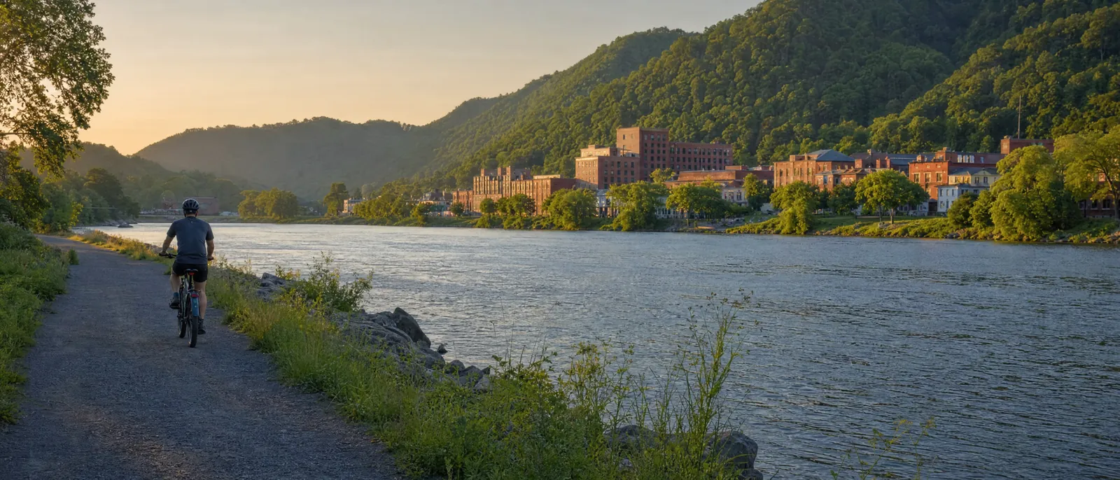Illustration of an eBike rider on a riverside trail along a wide river with brick river-town buildings and green hills, in the style of West Virginia river towns, WV