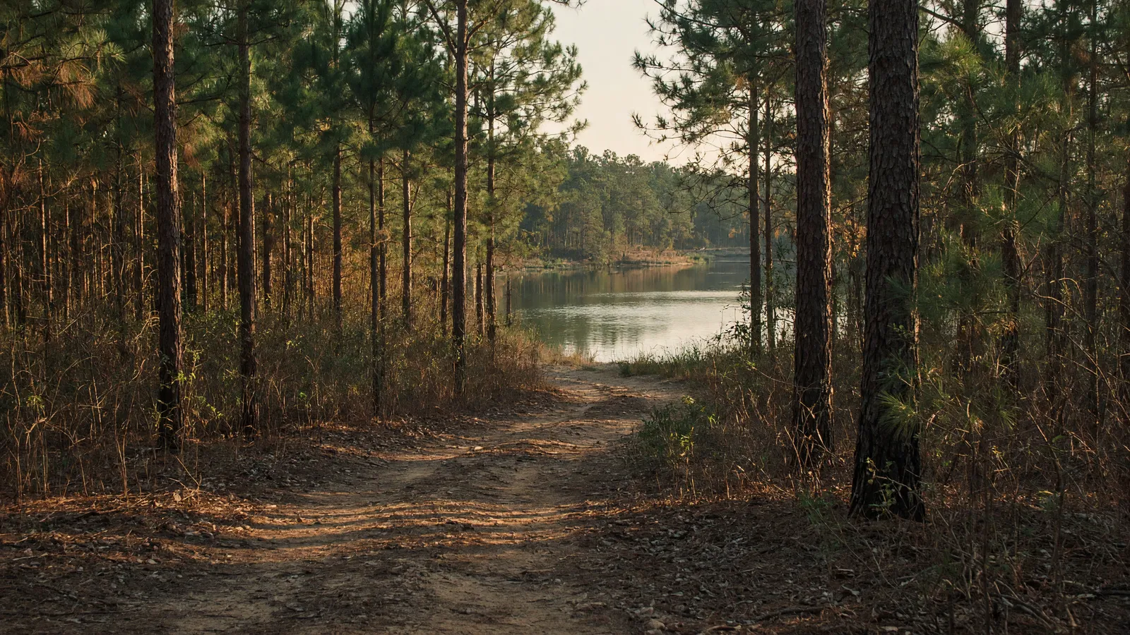 Empty pine two-track beside a still Alabama River creek, Autauga County, Alabama