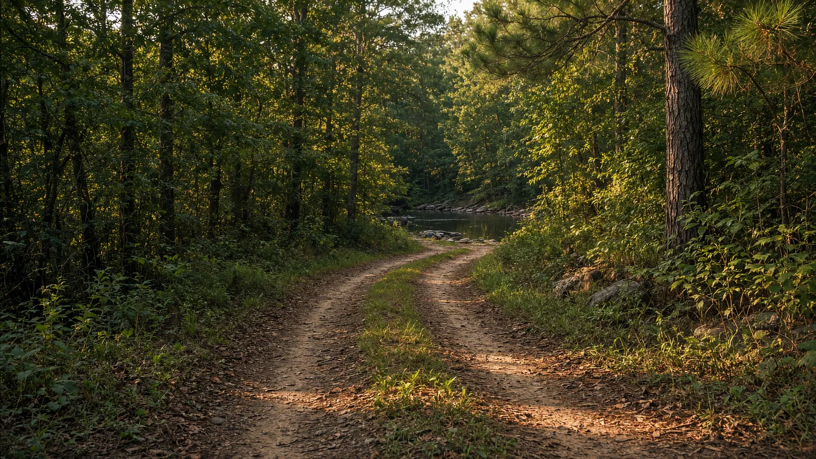 Empty packed two-track through Talladega oaks and pines toward a still creek, Calhoun County, Alabama