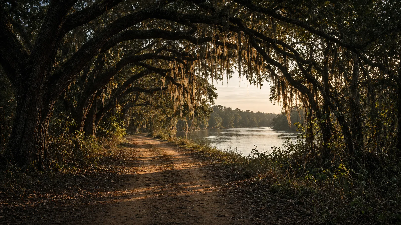 Empty Black Belt live-oak path toward the Alabama River, Dallas County, Alabama