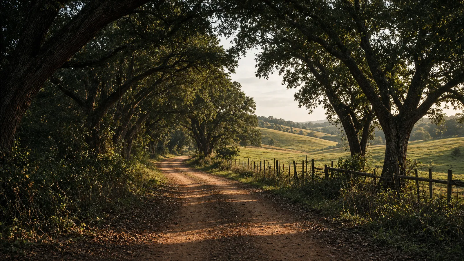 Empty Black Belt live-oak path beside pasture, Greene County, Alabama