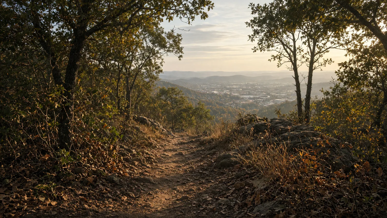Empty Red Mountain oak path toward a hazy Birmingham valley, Jefferson County, Alabama