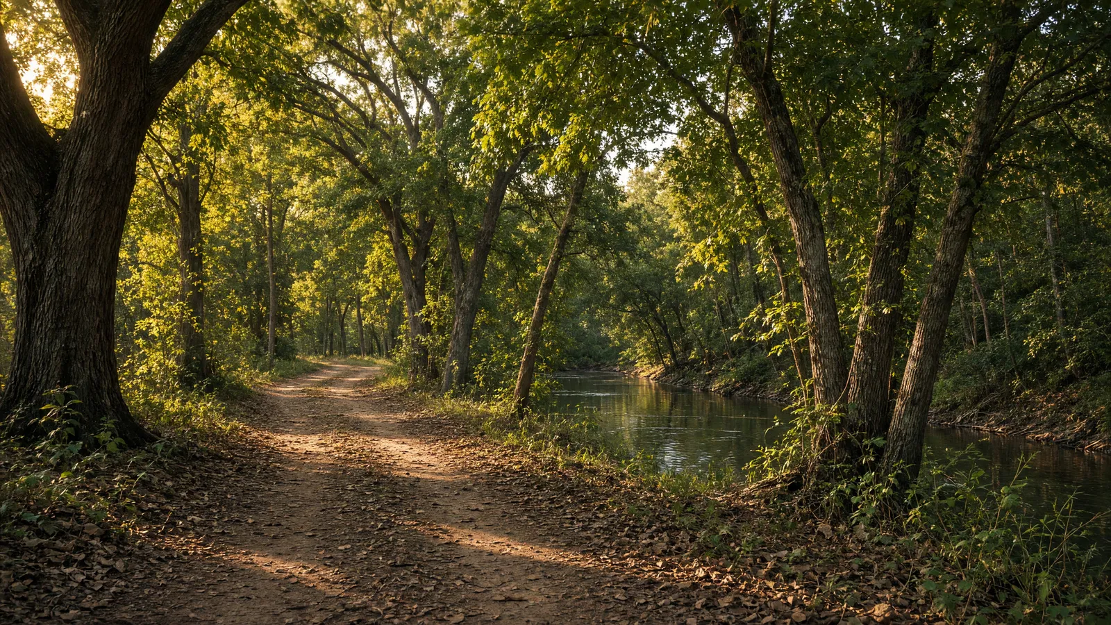 Empty Piedmont oak path beside a still creek, Lee County, Alabama