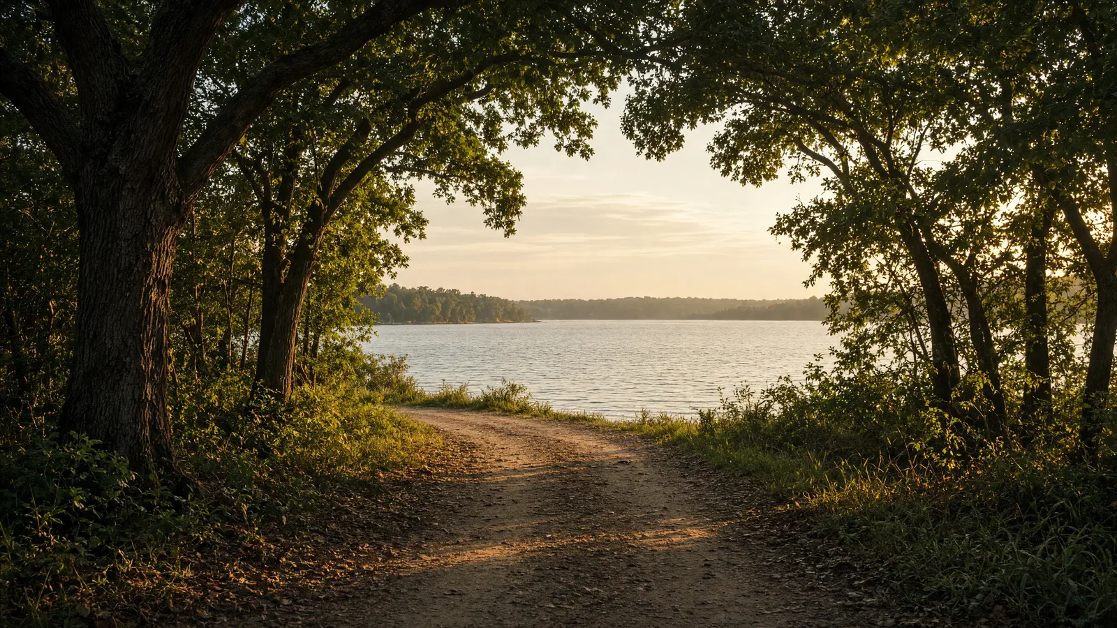 Empty Tennessee Valley oak path toward Wheeler Lake, Limestone County, Alabama