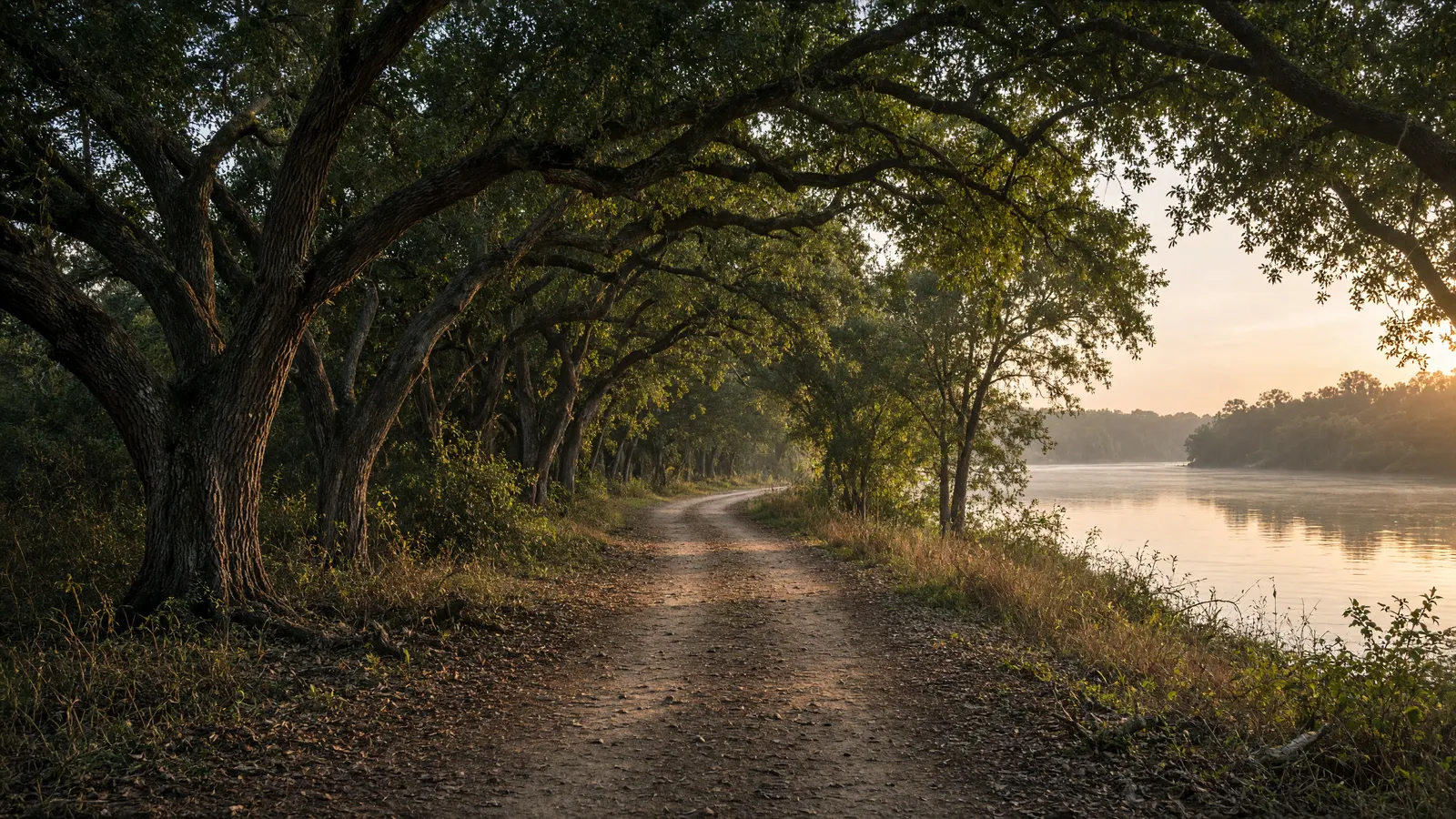 Empty live-oak path toward the Alabama River, Montgomery County, Alabama