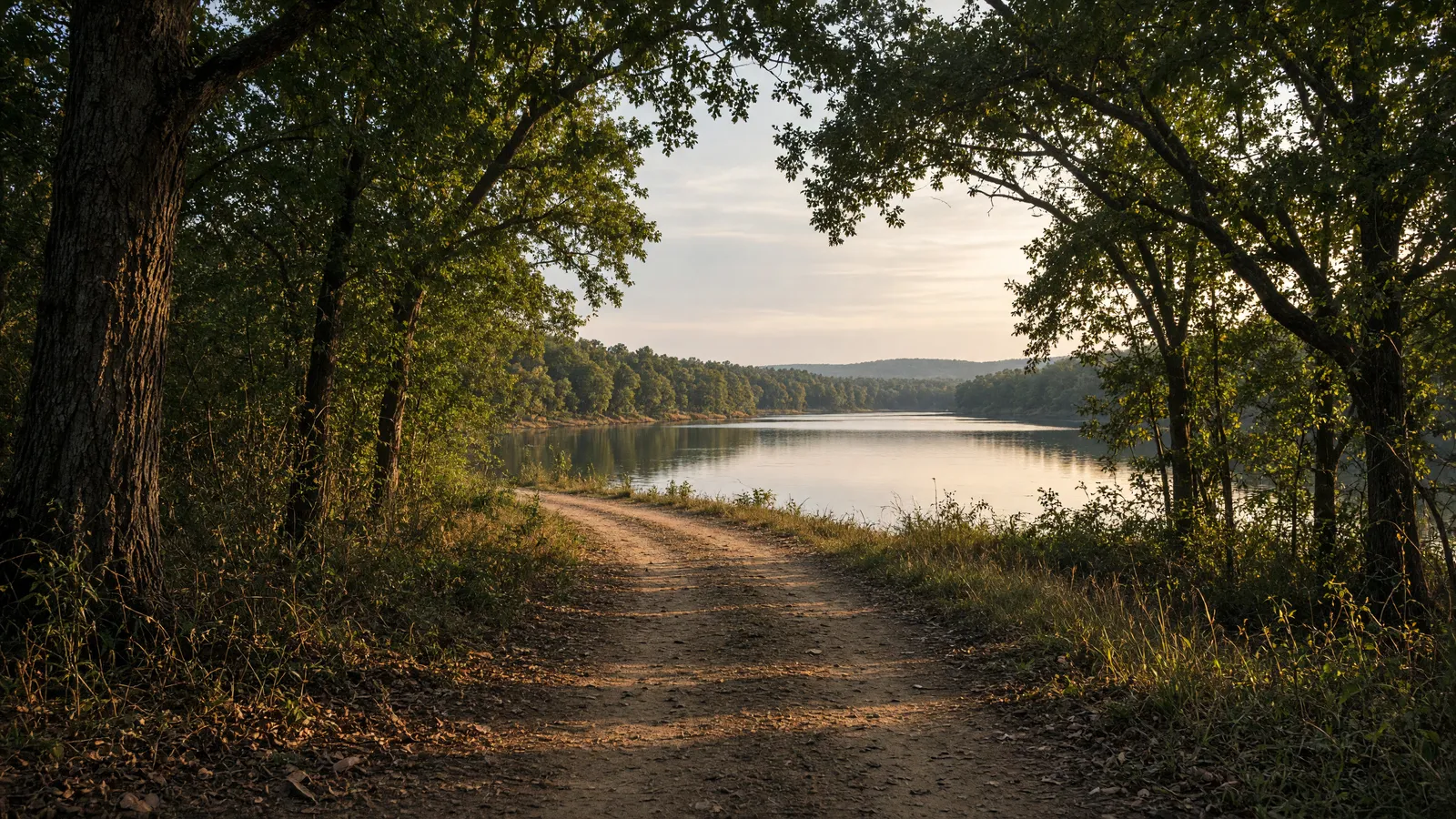 Empty Tennessee Valley oak path toward Wheeler Lake, Morgan County, Alabama