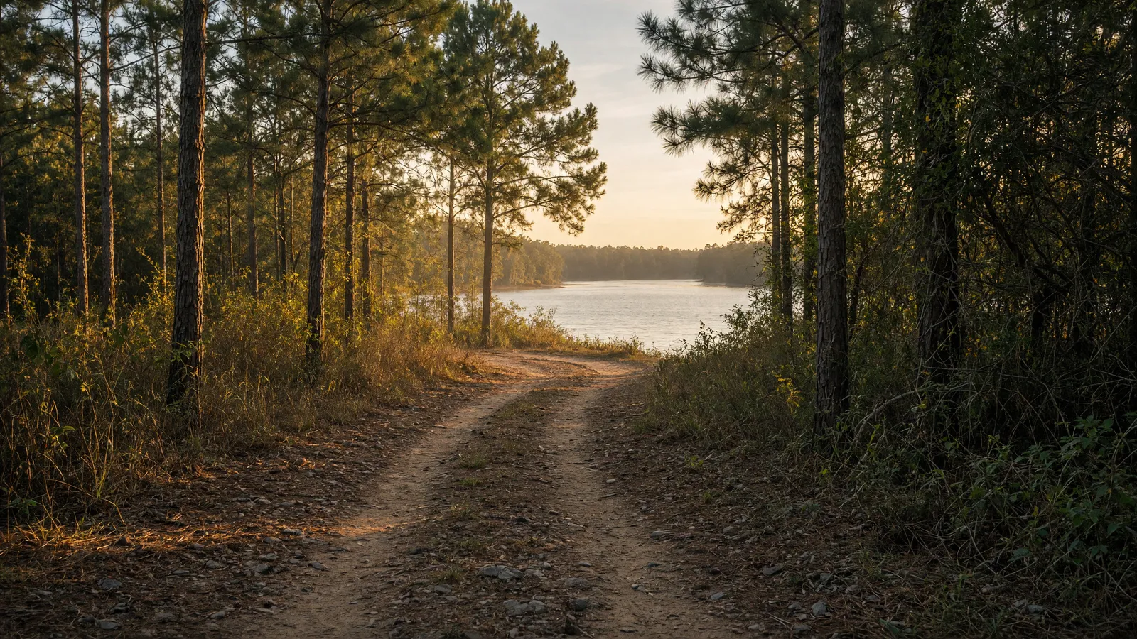 Empty Chattahoochee pine two-track toward the river, Russell County, Alabama