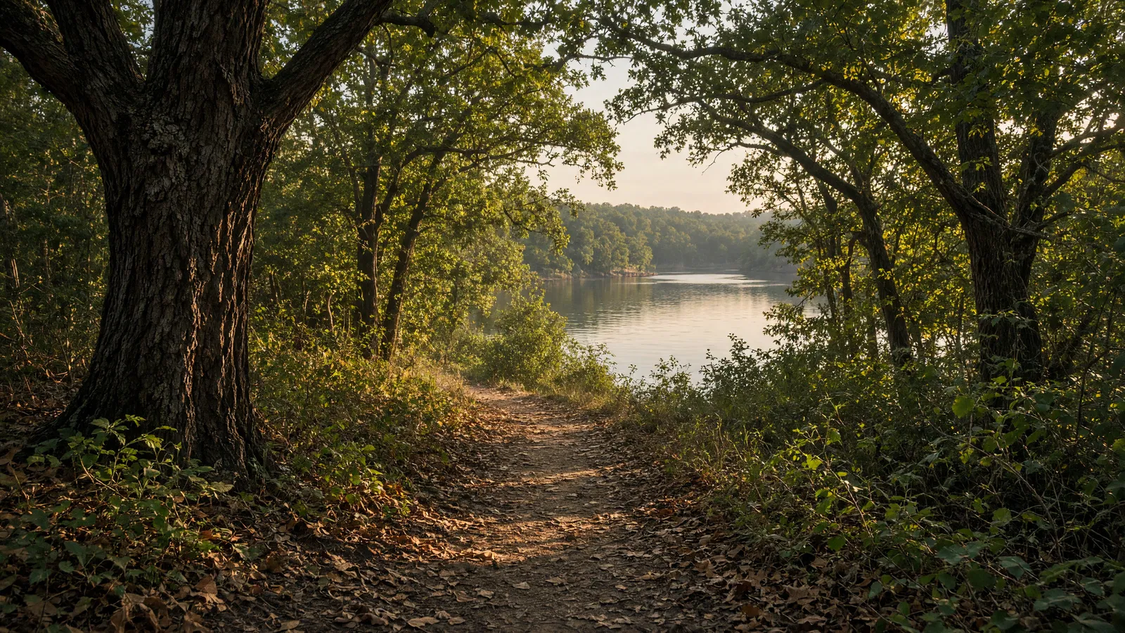 Empty Oak Mountain forest path toward a still inland lake, Shelby County, Alabama