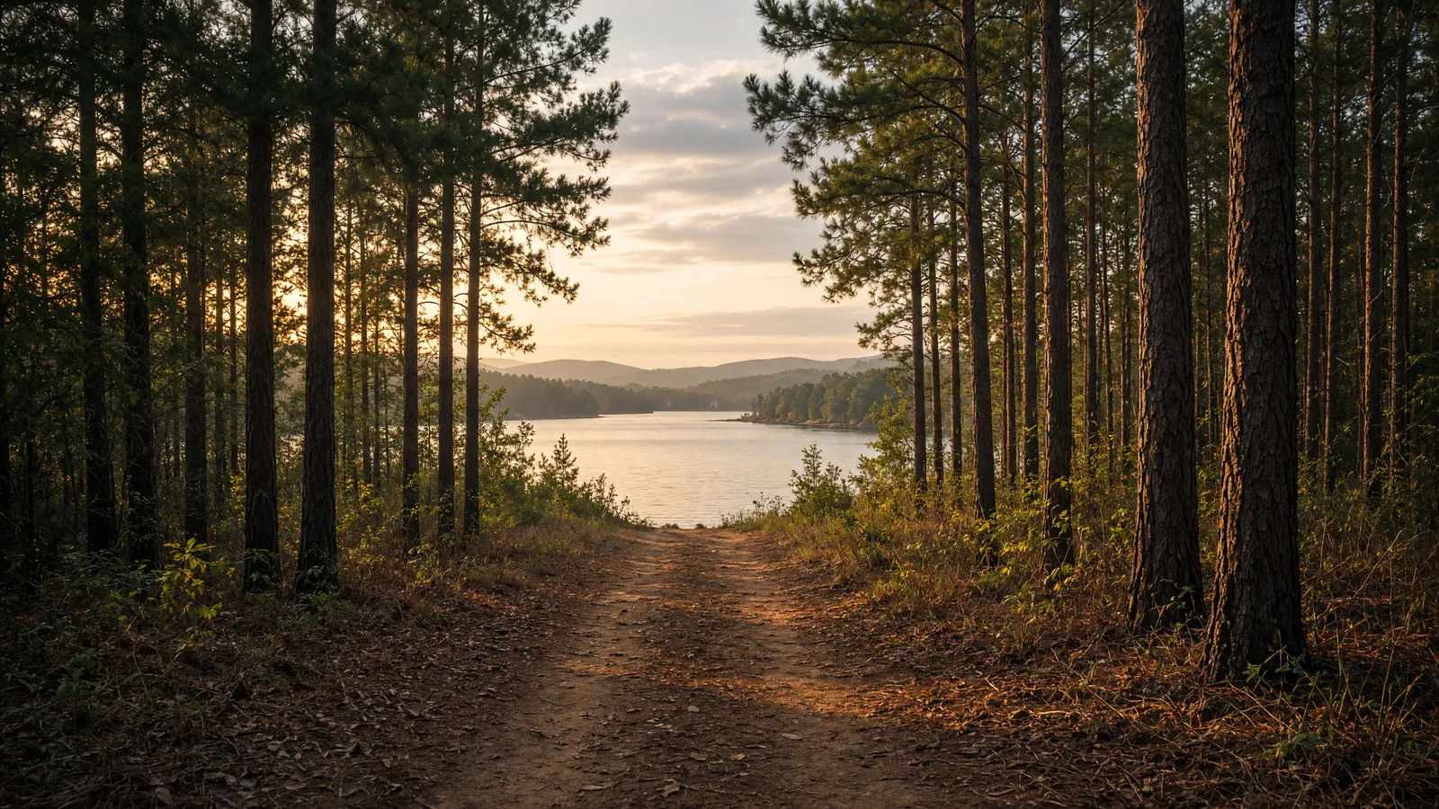 Empty foothill pine path toward Logan Martin lake country, St. Clair County, Alabama