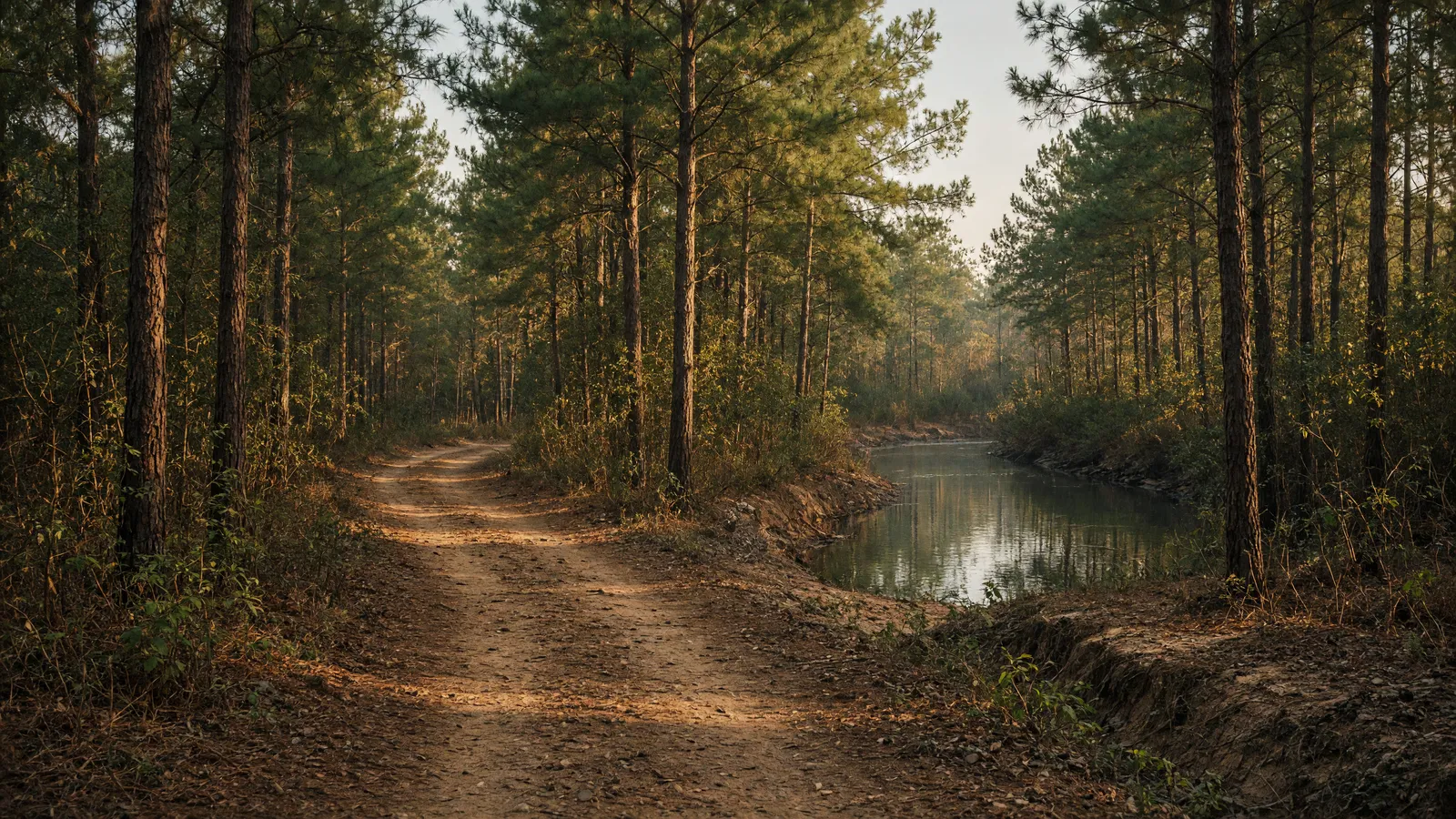 Empty Warrior pine path beside a still creek, Walker County, Alabama