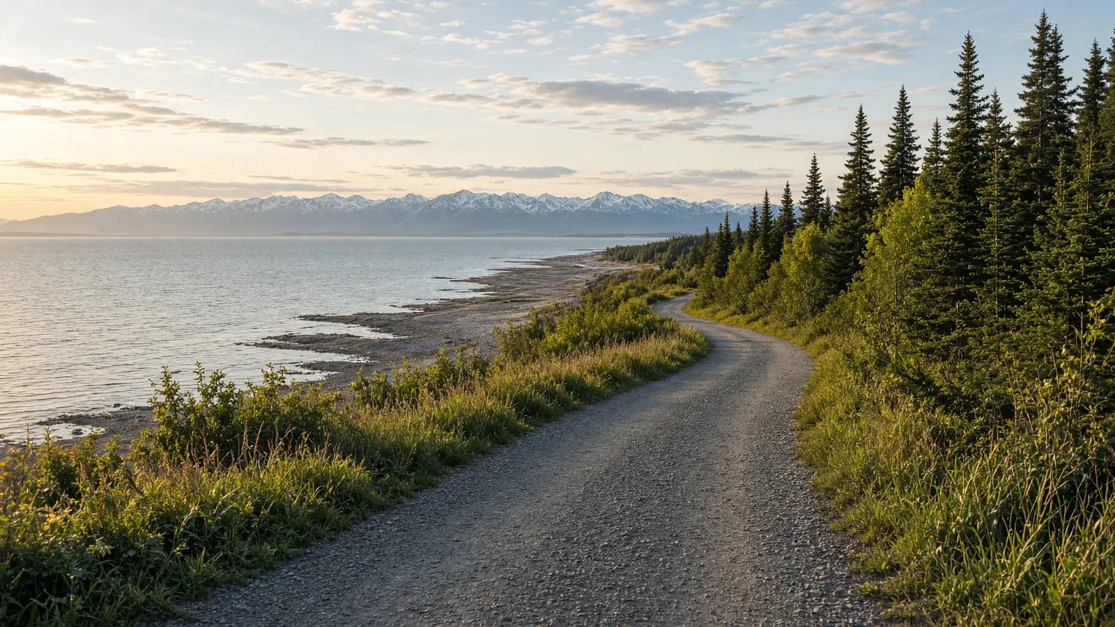 Cook Inlet shoreline and empty coastal corridor in Anchorage, Alaska