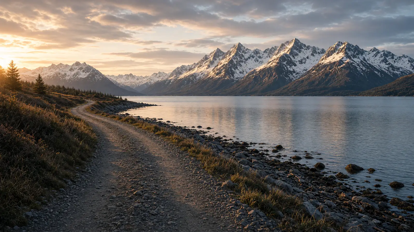 Prince William Sound shoreline and empty path near Valdez, Alaska