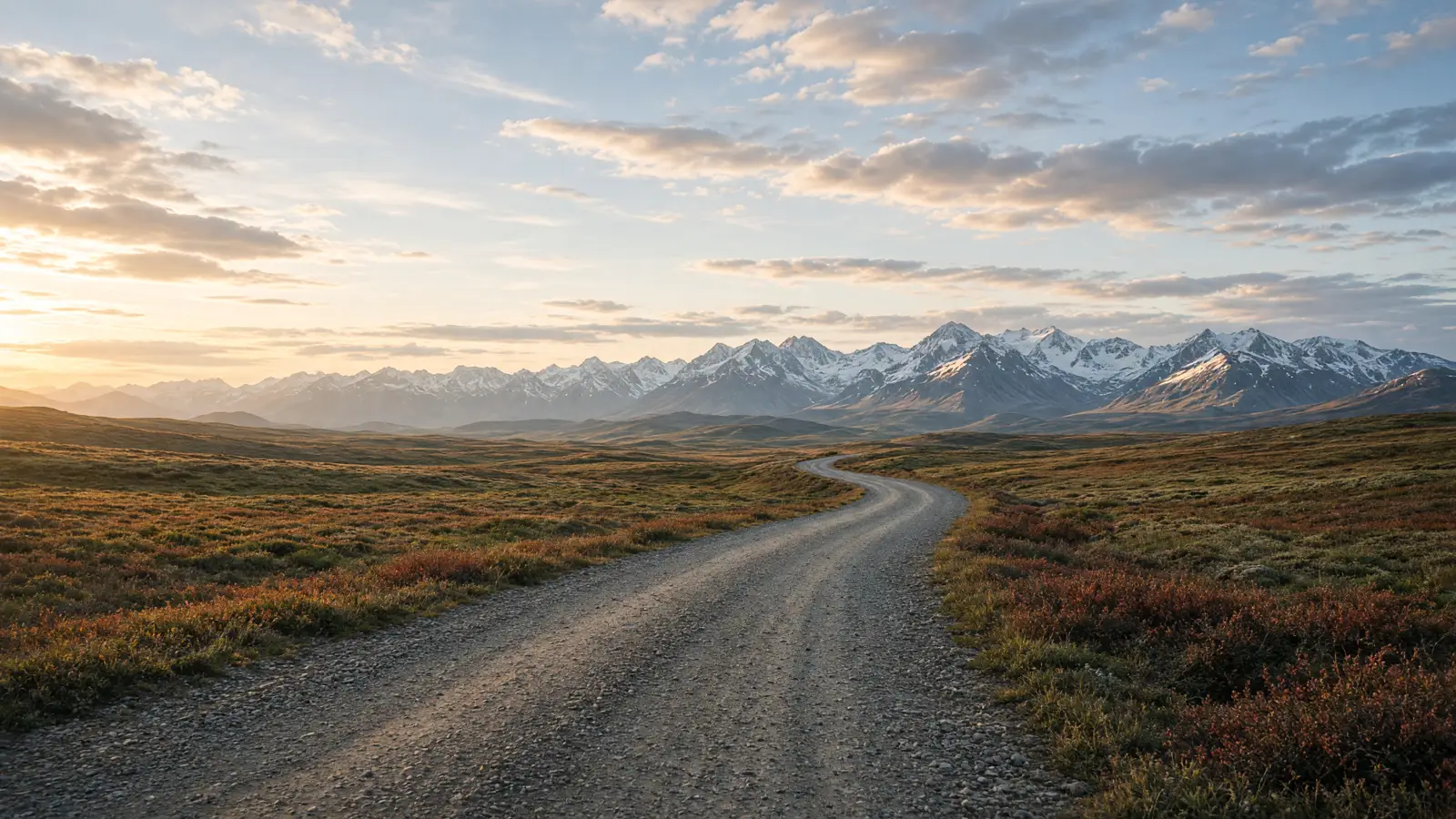 Empty Denali Park Road through alpine tundra, Alaska