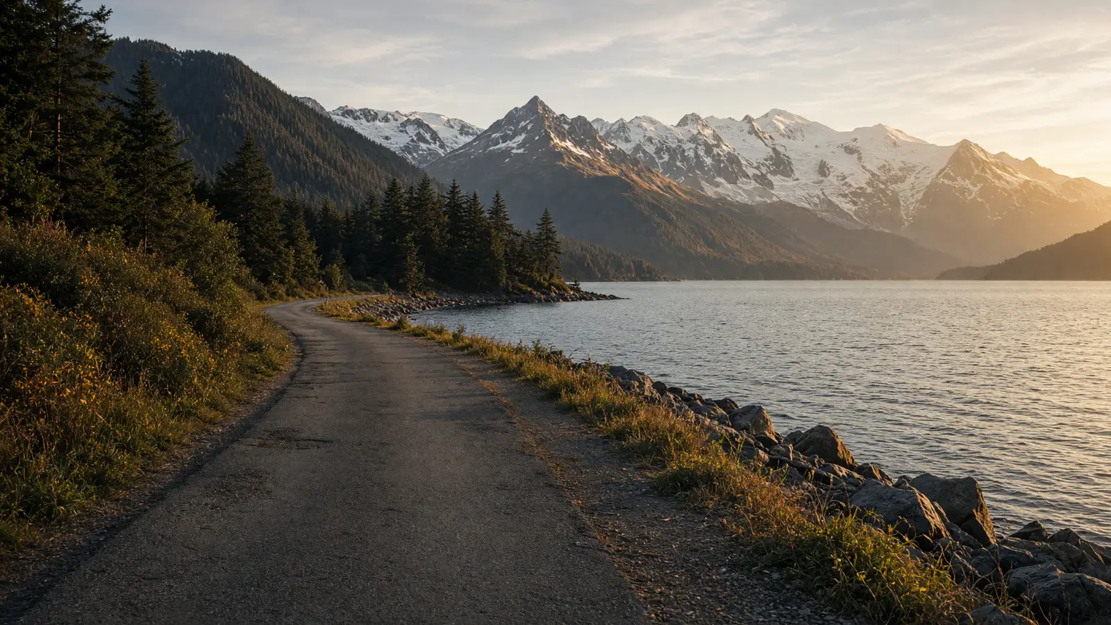Chilkat Inlet waterfront path and mountains in Haines, Alaska
