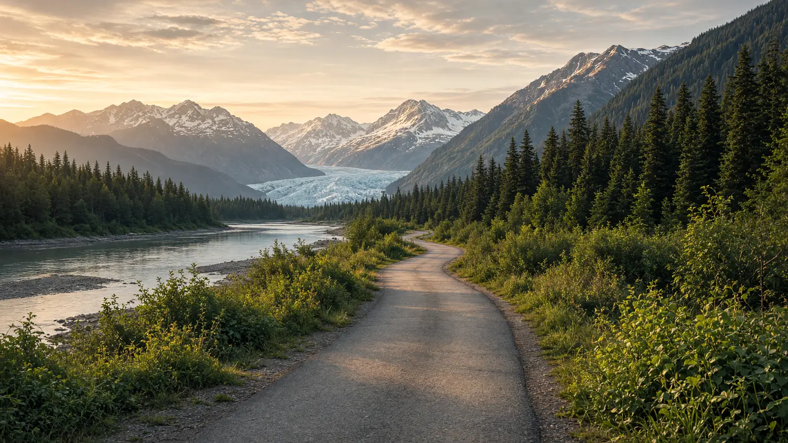 Mendenhall River path and glacier valley in Juneau, Alaska