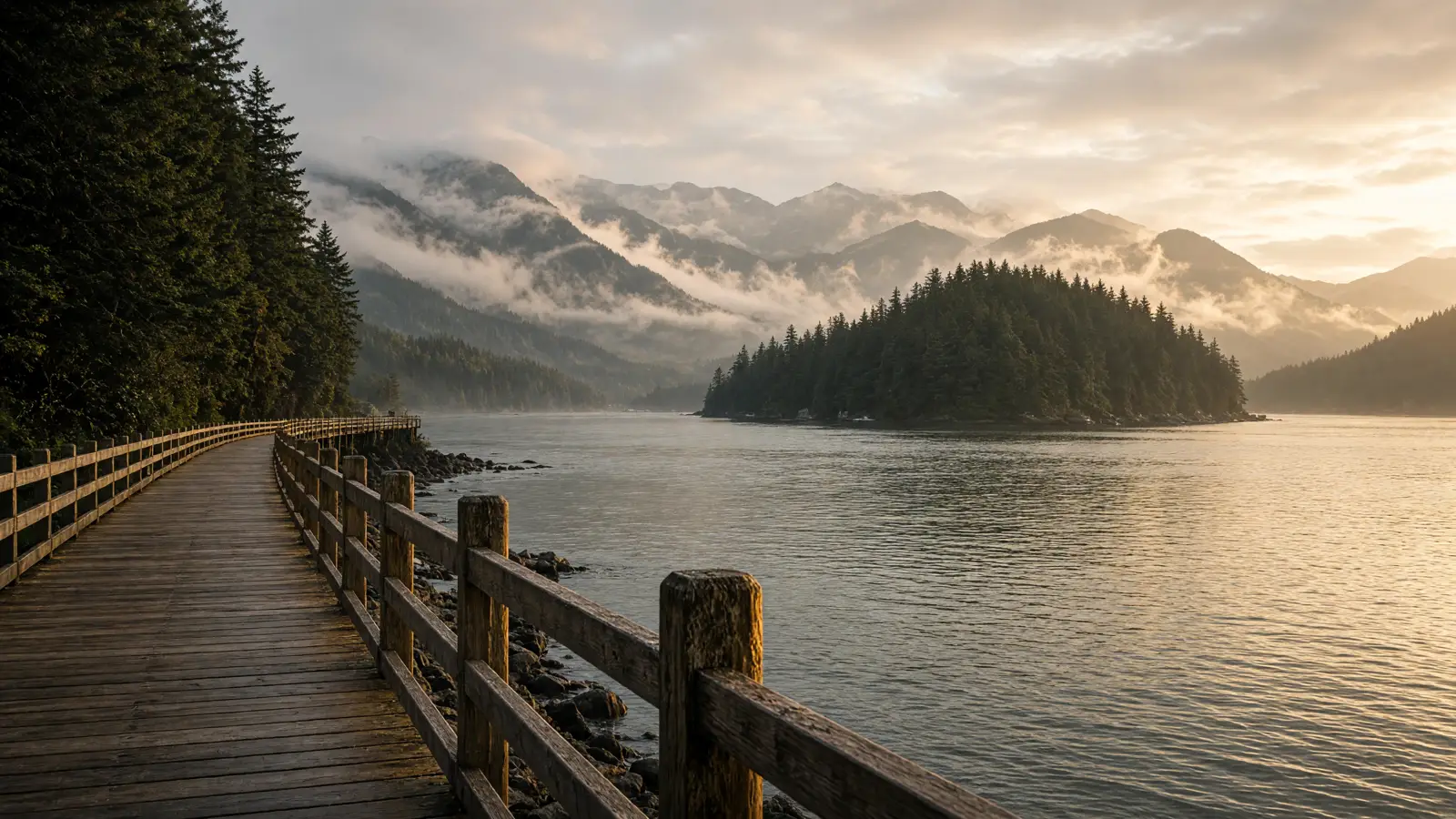 Tongass Narrows waterfront and forested islands in Ketchikan, Alaska
