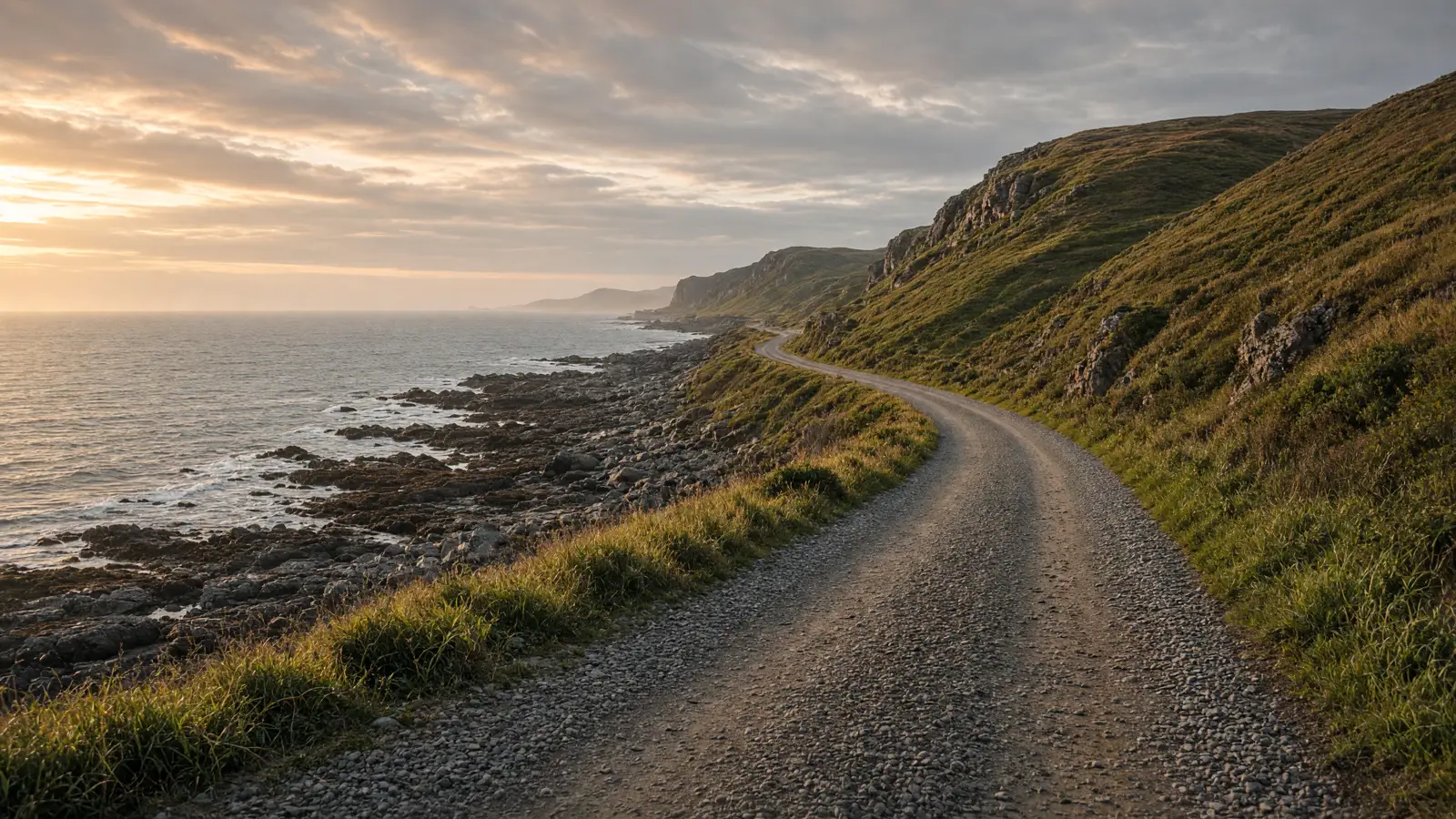 Kodiak Island coastal gravel road and green hills, Alaska