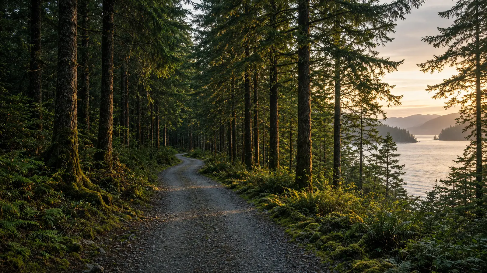 Sitka Cross Trail forest path and Sitka Sound, Alaska