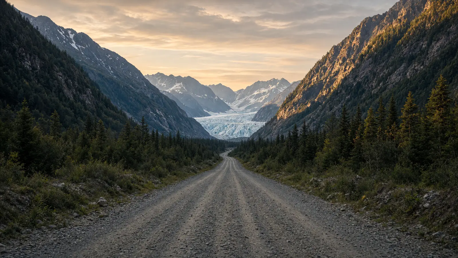 Skagway valley gravel road and glacier, Alaska