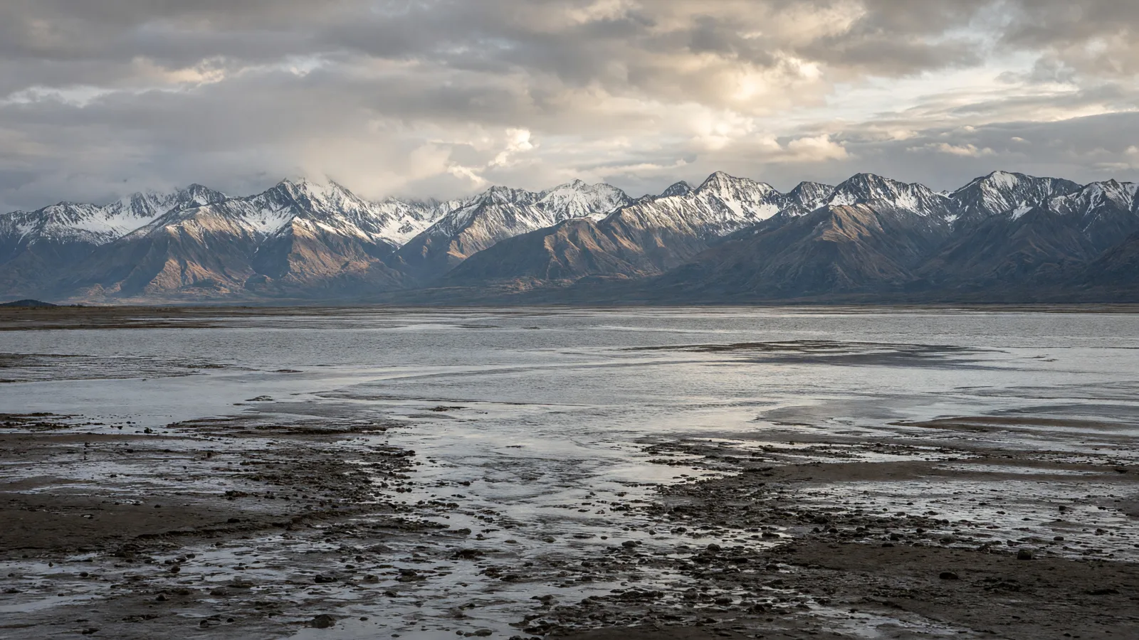 Turnagain Arm tidal flats and Chugach Mountains near Anchorage, Alaska