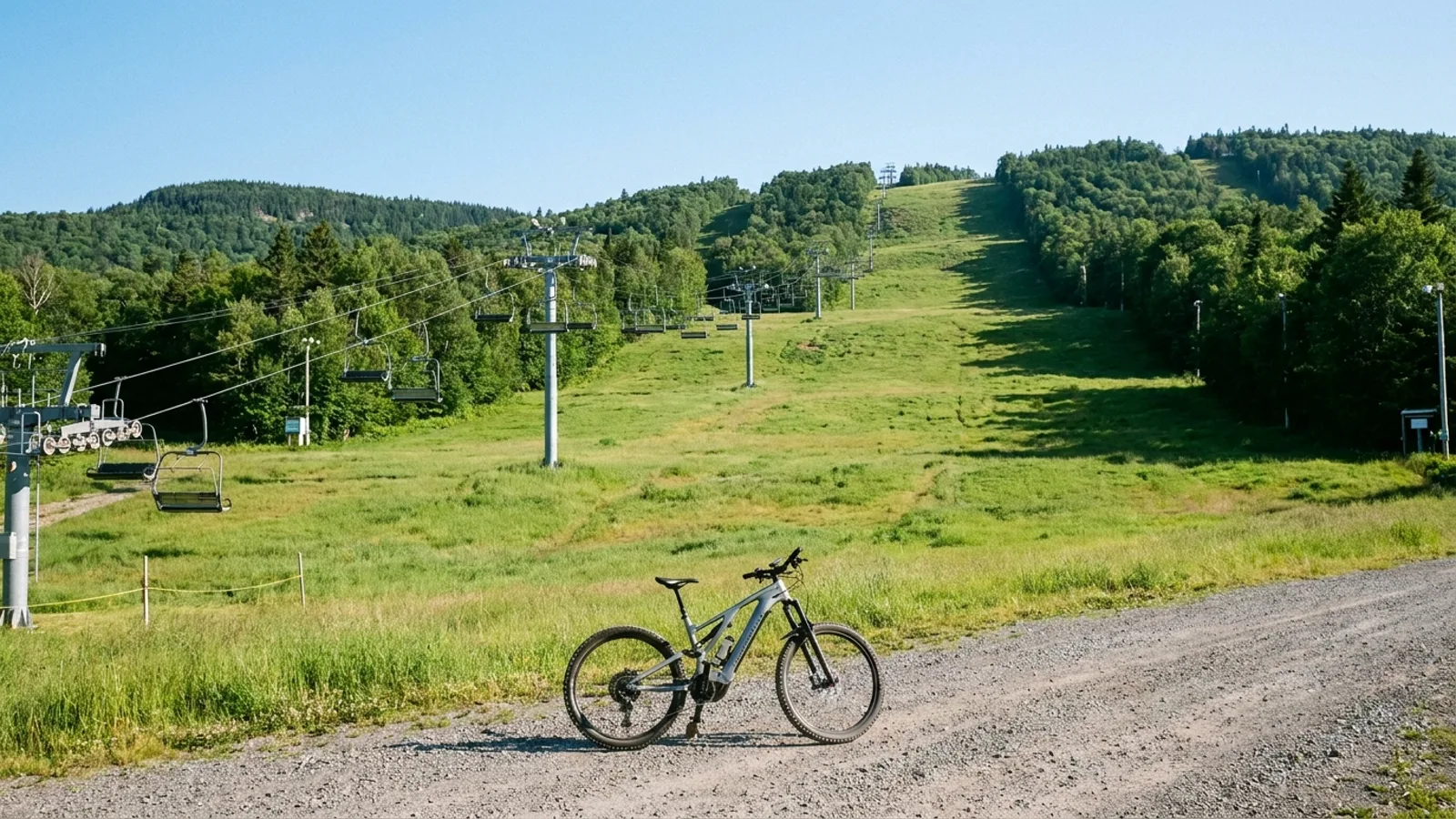 Electric bike on a gravel base-area road below a green summer ski mountain with a chairlift running up a cleared grassy slope
