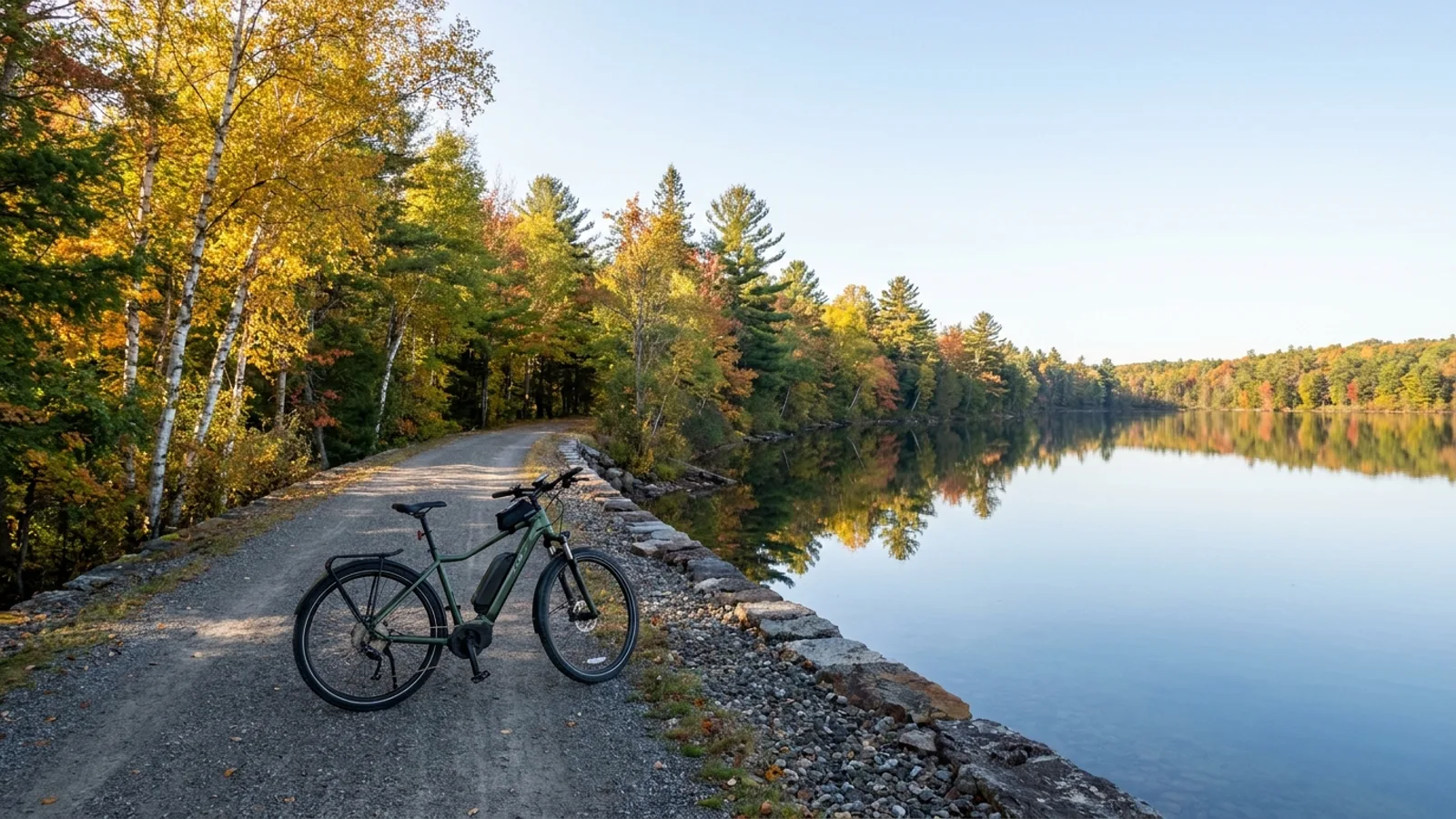 Electric bike on a packed cinder rail-trail curving through woodland beside a clear glacial lake in northern New Jersey
