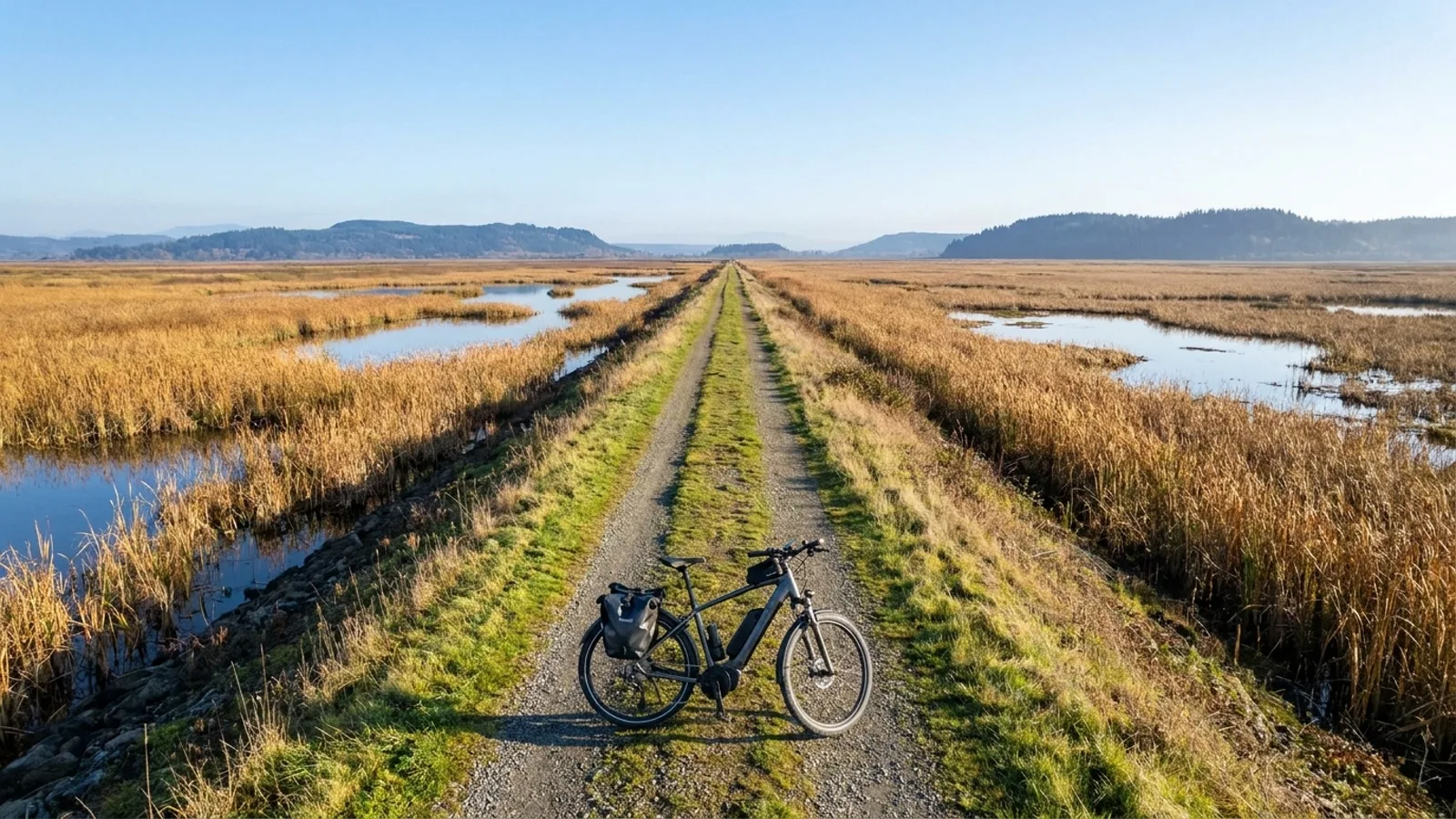 Electric bike parked on a flat grassy dike path running straight across a wide freshwater marsh of reeds and open pools with wooded ridges beyond