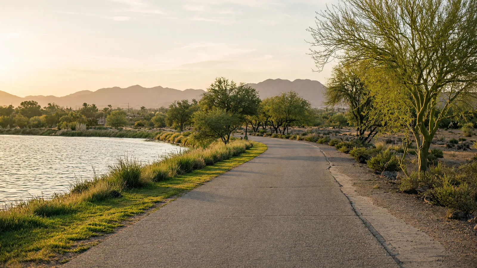 Empty paved Indian Bend Wash Greenbelt path through desert park lakes in Scottsdale, Maricopa County, Arizona
