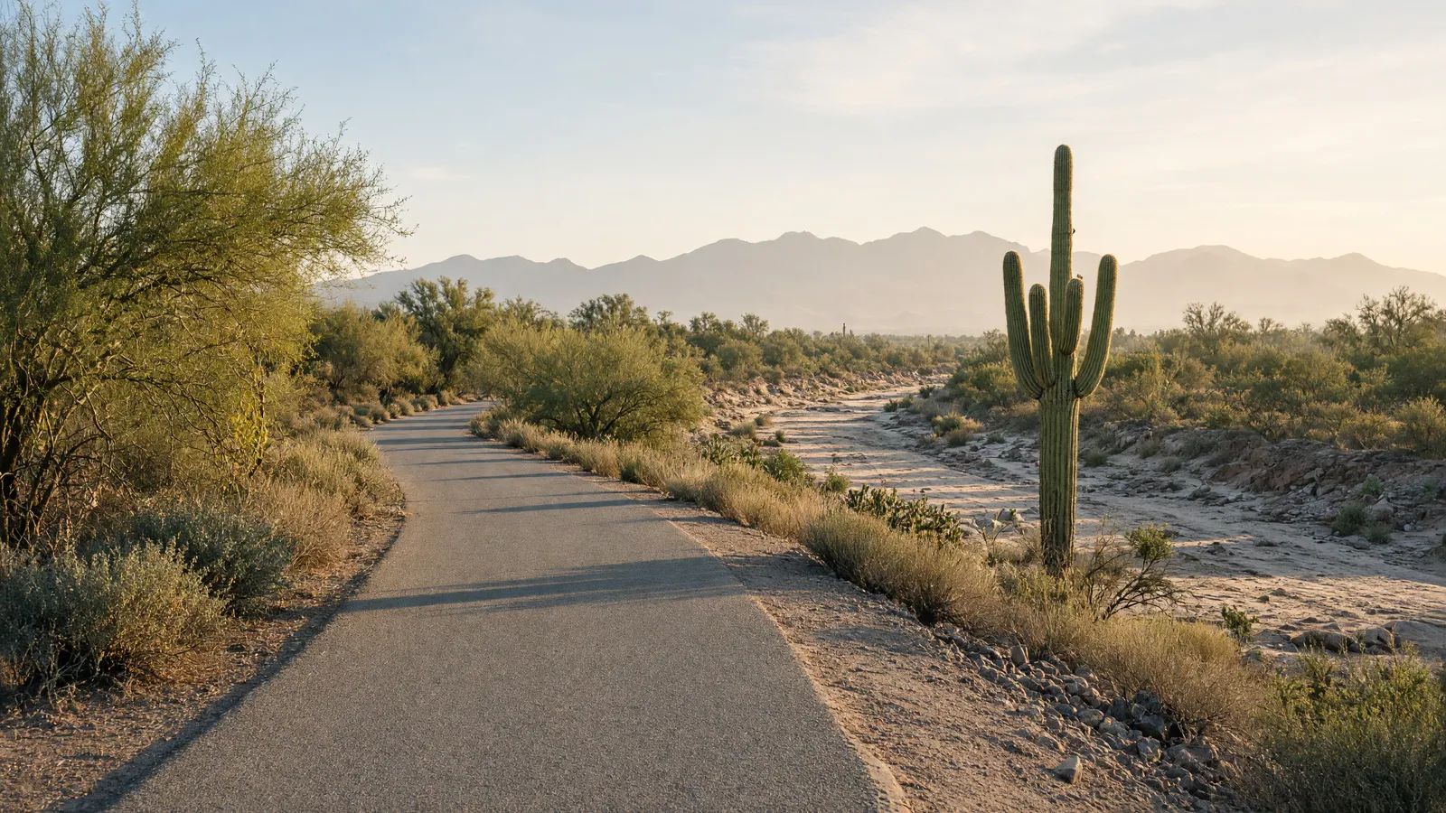 Empty paved Chuck Huckelberry Loop path along a Tucson desert river park, Pima County, Arizona