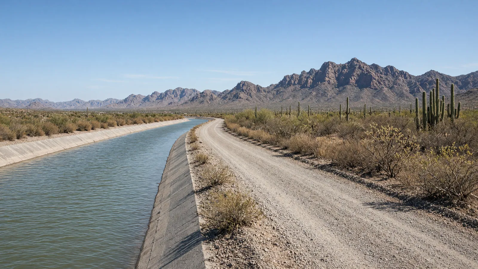 Empty CAP canal service path toward the Superstition Mountains near Apache Junction, Pinal County, Arizona