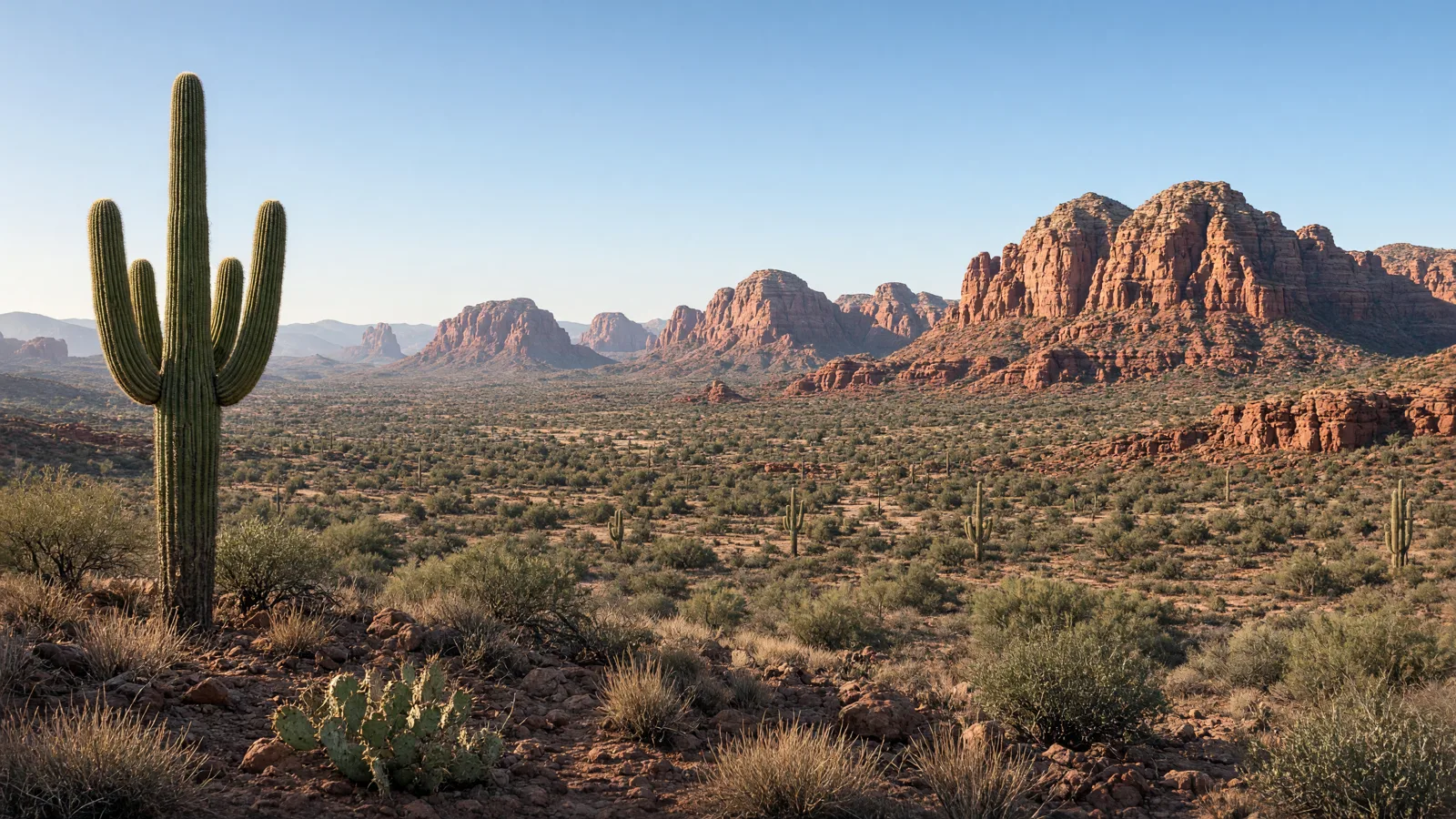 Sonoran Desert saguaros and red rock buttes in Arizona