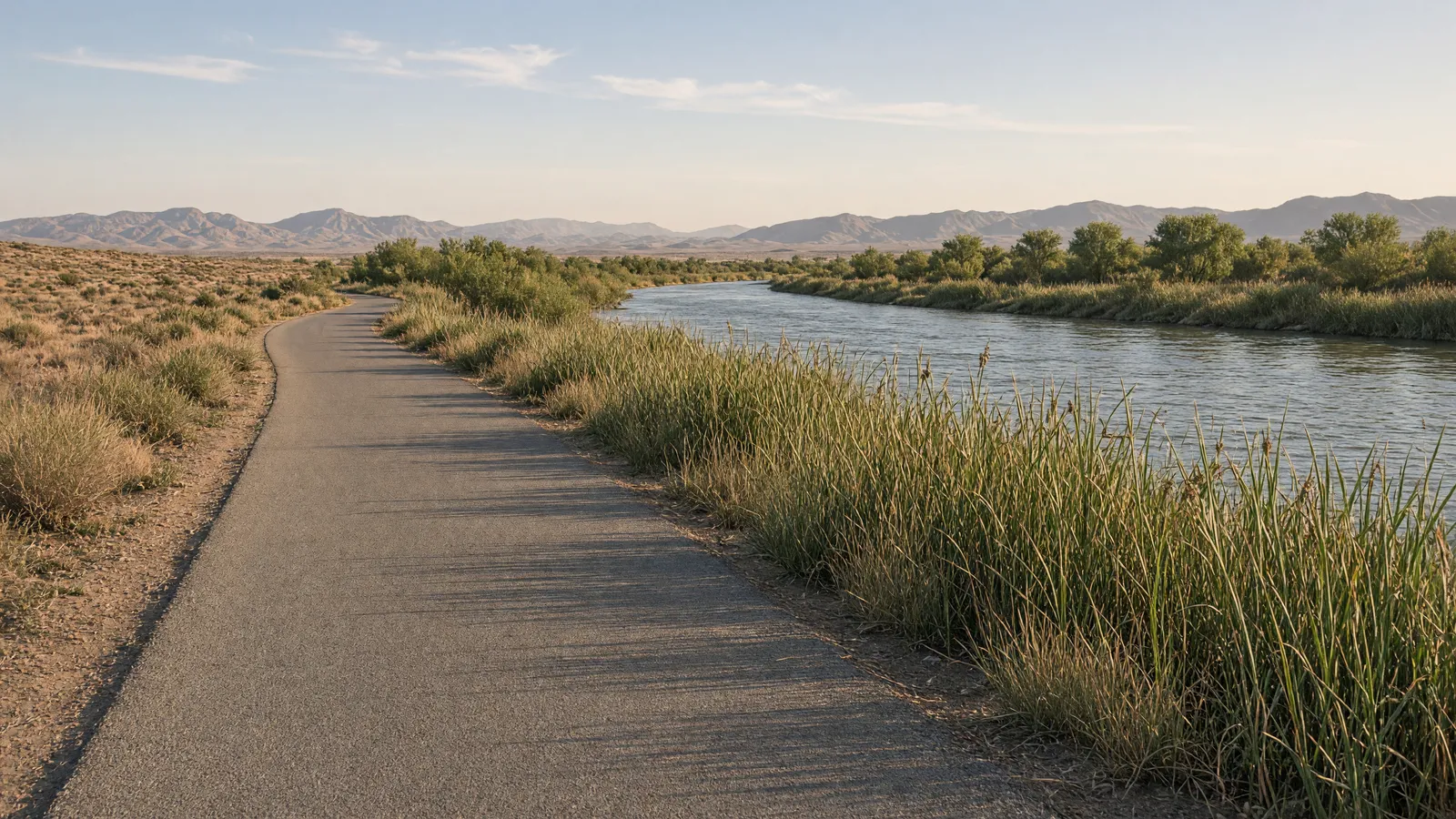 Empty paved Yuma Crossing riverfront path along the Colorado River, Yuma County, Arizona