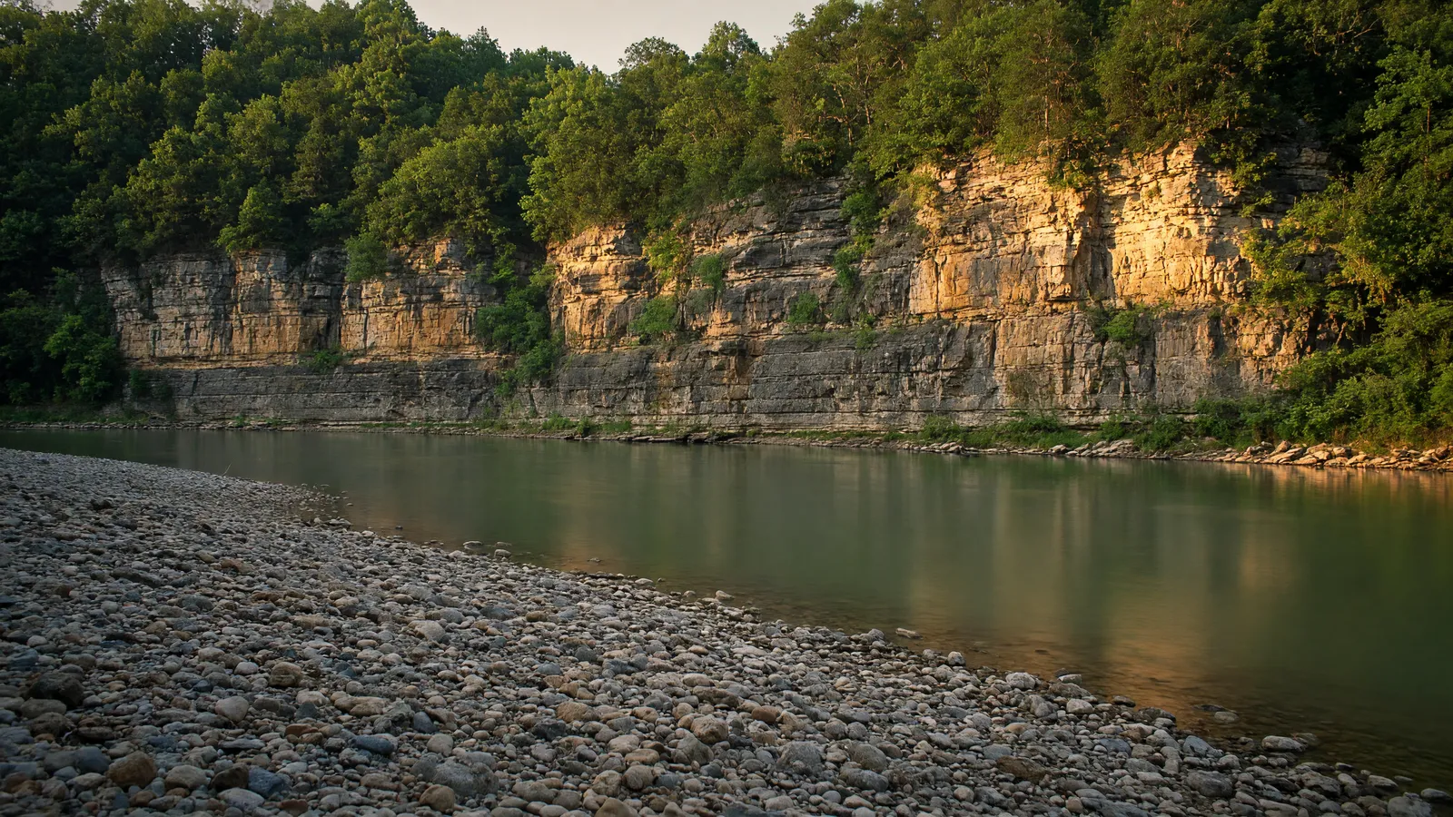 Empty Buffalo National River gravel bar and limestone bluff, Boone County, Arkansas