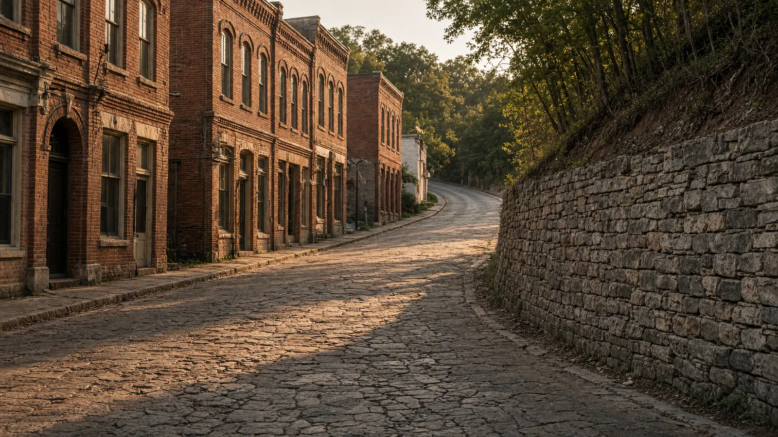 Empty Eureka Springs historic limestone street and Victorian brick, Carroll County, Arkansas