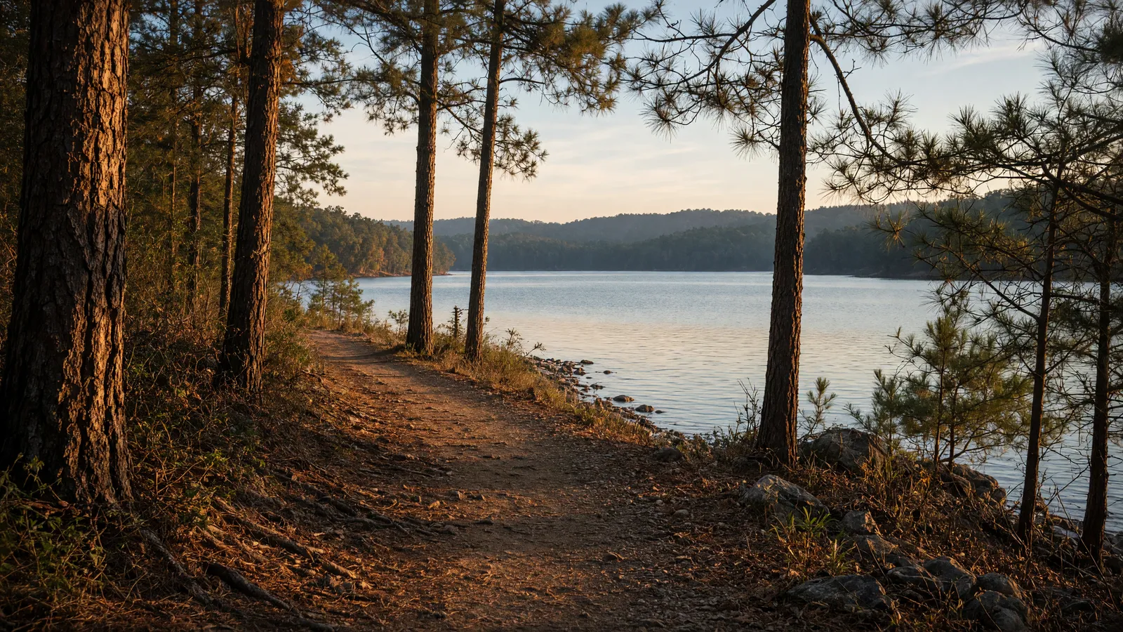 Empty Greers Ferry Lake shoreline path through pines, Cleburne County, Arkansas
