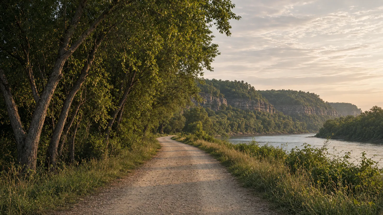 Empty Arkansas River levee path toward Van Buren bluffs, Crawford County, Arkansas