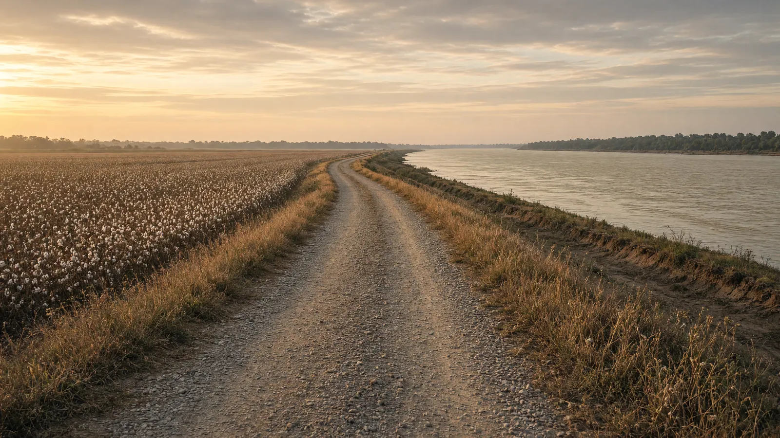 Empty Mississippi River levee path through Delta cotton, Crittenden County, Arkansas