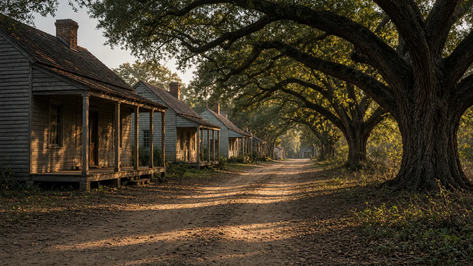 Empty Historic Washington State Park packed dirt street and wooden buildings, Hempstead County, Arkansas