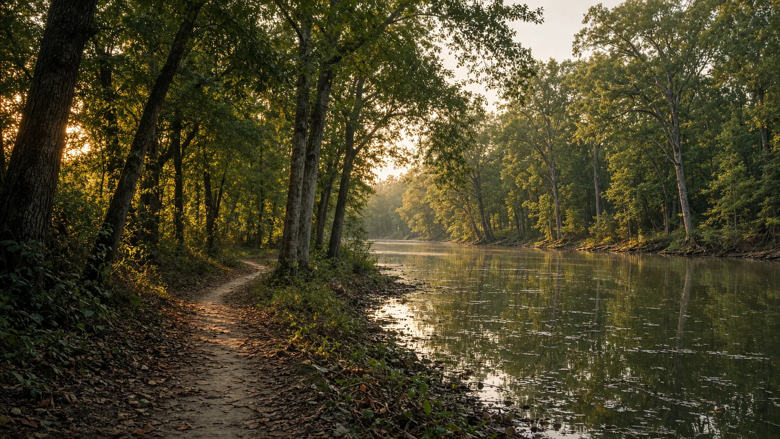 Empty White River oxbow packed path through bottomland hardwoods, Jackson County, Arkansas