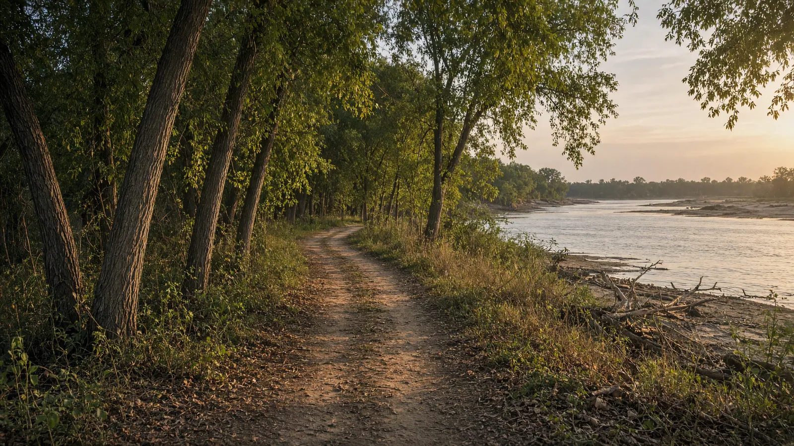 Empty Arkansas River shoreline packed path through cottonwoods, Jefferson County, Arkansas