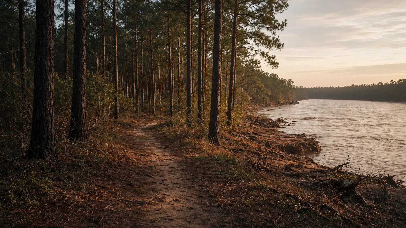 Empty Red River bottomland packed path through pines, Miller County, Arkansas
