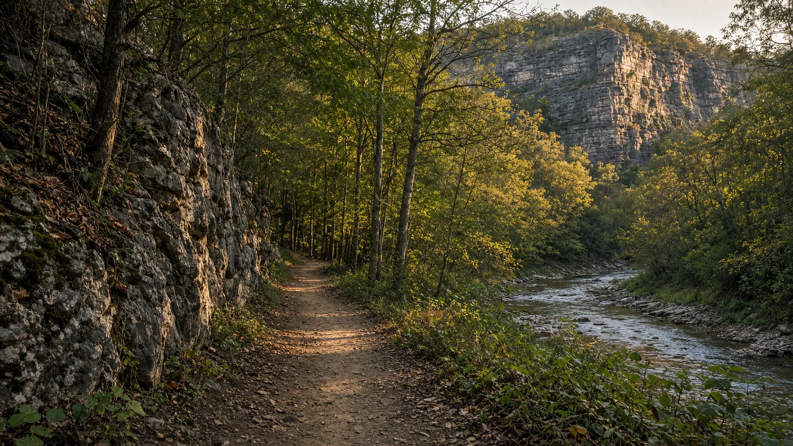 Empty Lost Valley packed trail through a limestone hollow, Newton County, Arkansas