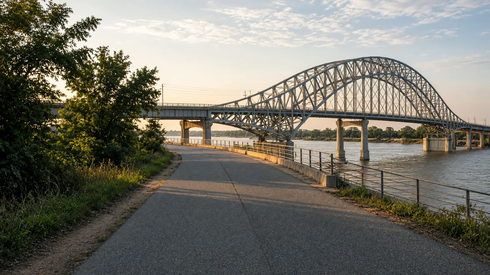 Empty Arkansas River Trail paved path toward the Big Dam Bridge steel arches, Pulaski County, Arkansas